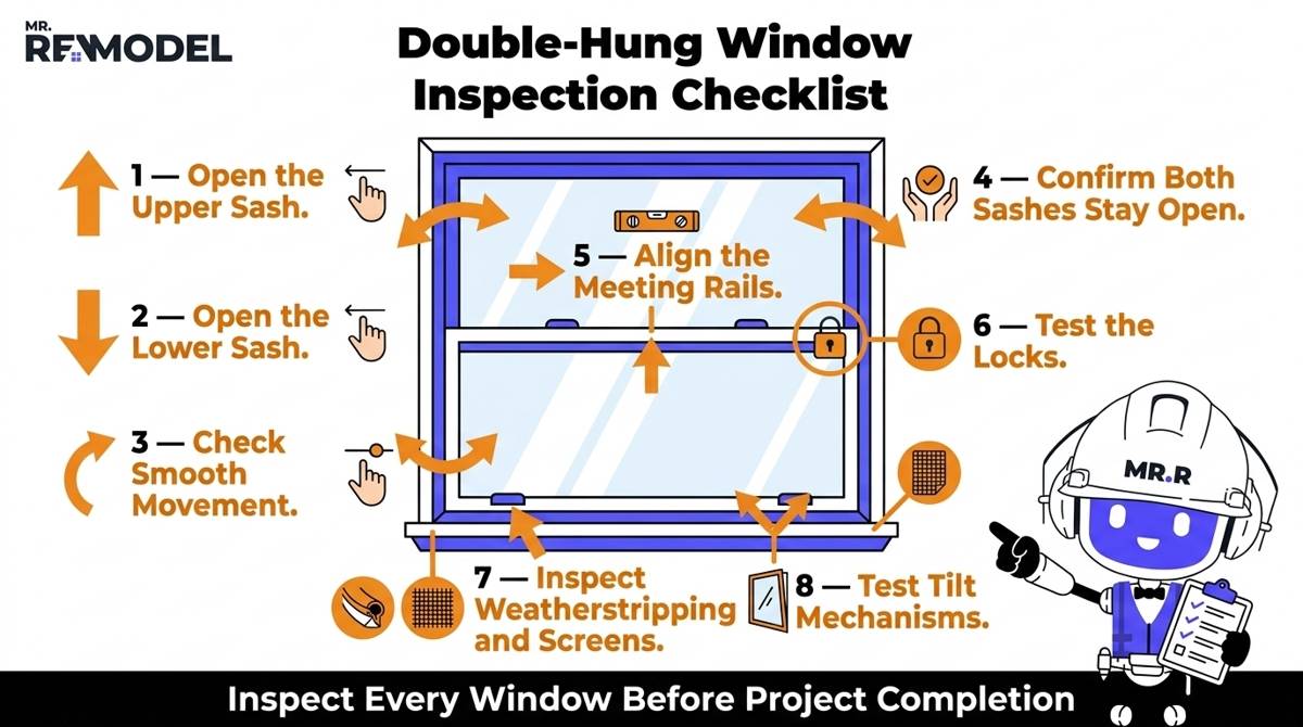 Eight-point inspection checklist for testing double-hung window sashes, alignment, locks, screens, weatherstripping, and tilt mechanisms.